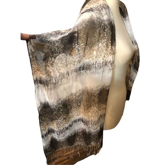 Reptile print near sheer fringed shawl or scarf swimsuit cover - Picture 3 of 7